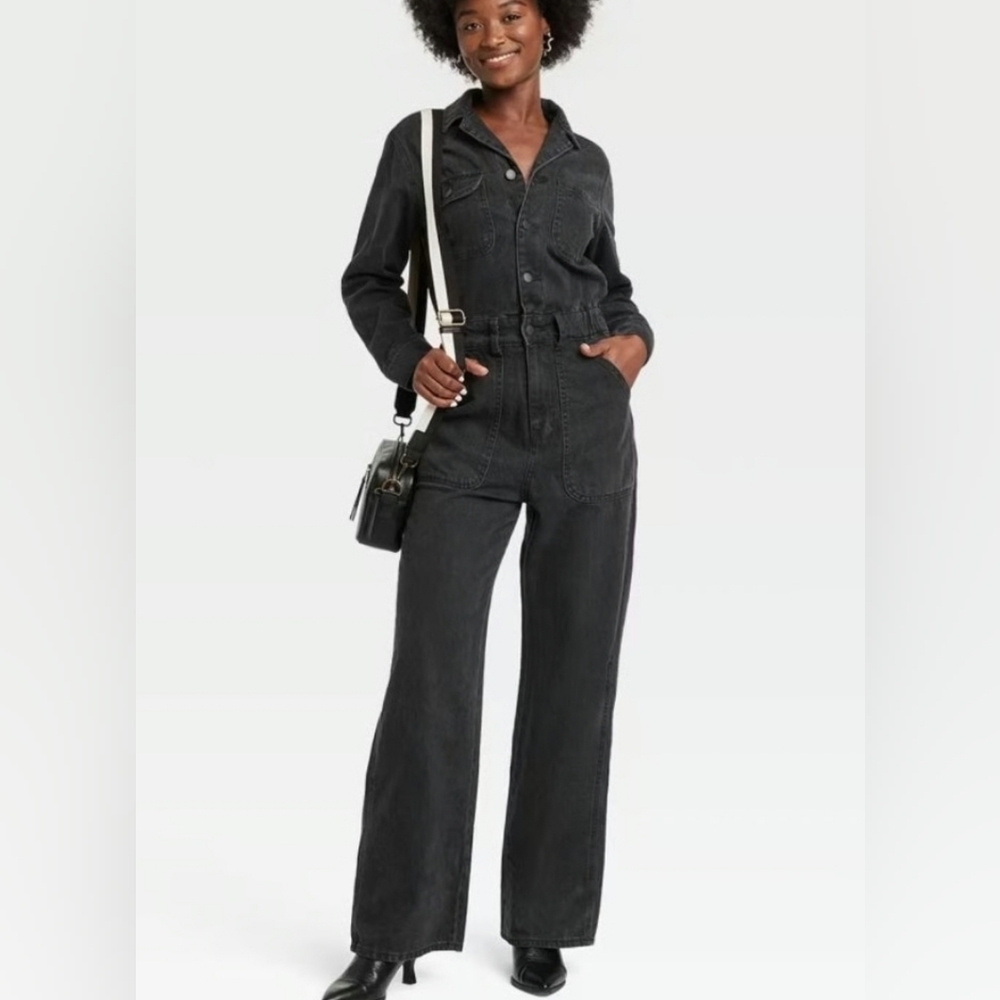 Utility Baggy Black Denim Jumpsuit Long Sleeve Wide Leg Size 6